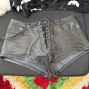 Dolls Kill Black Leather Lace-Up High Waist Shorts